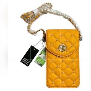 Badgley Mischka Yellow Quilted Pearl Strap Phone Crossbody Bag Vegan Leather